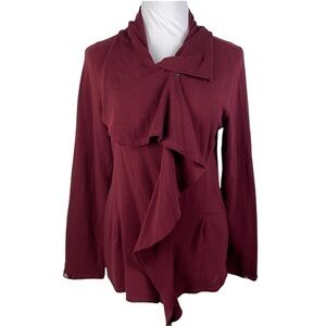 Meesh & Mia Shawl Waterfall Neckline Full Zip Blouse Women's M Burgundy Wine‎